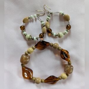 Brown and Cream Beaded Bracelet And Earrings Set